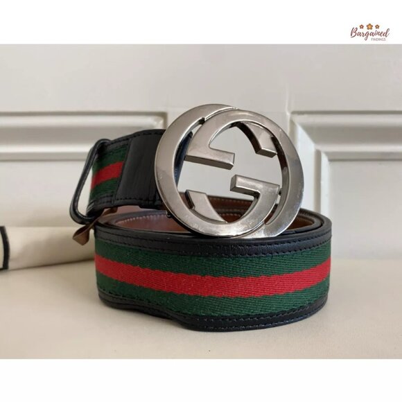 Authentic Gucci Web Canvas Black Leather Silver Interlocking G Buckle Belt 85/34 - Picture 12 of 12
